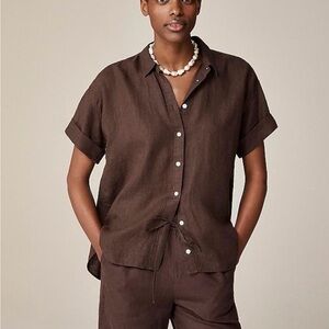 JCrew Brown Short-Sleeve Button-Front Linen Shirt and Short Set